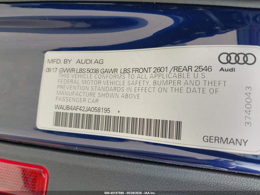 2018 Audi S4 VIN WAUB4AF42JA058195 IAAI salvage auction — LEFT FRONT, Original (Texas), sold $12,150 on 2026-07-20 (photo 9)