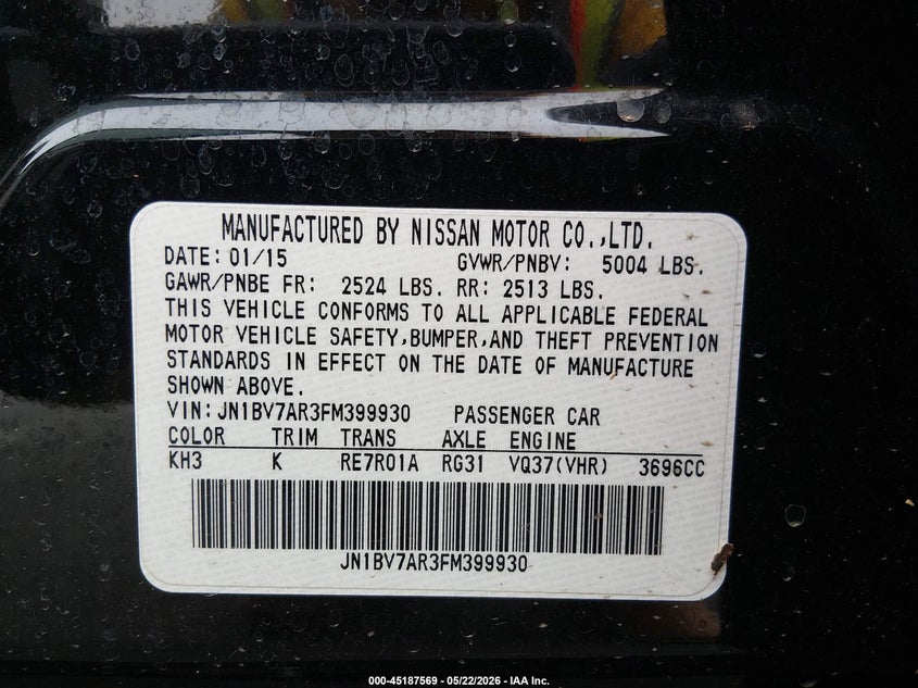 2015 Infiniti Q50 VIN JN1BV7AR3FM399930 IAAI salvage auction — REAR END, Salvage (Illinois), sold $1,350 on 2026-07-31 (photo 9)