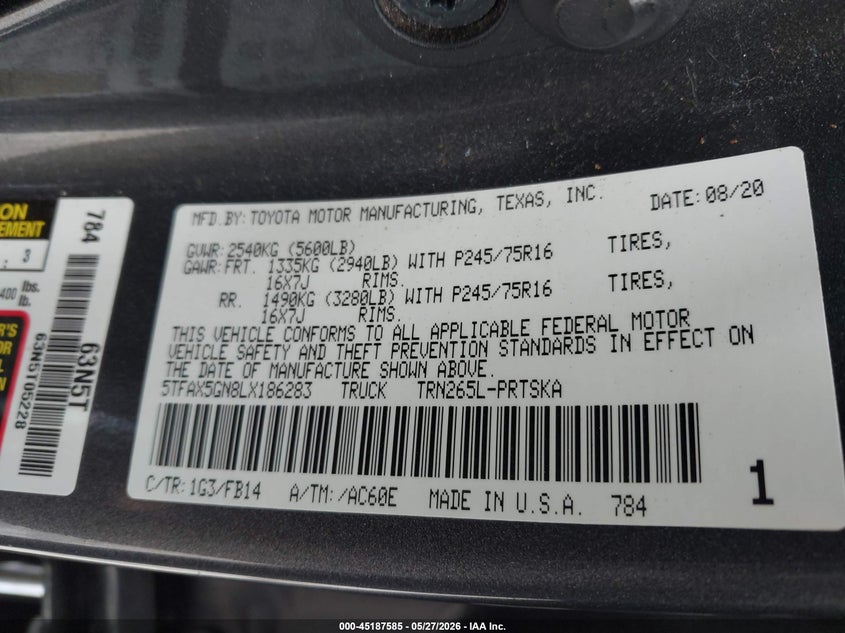 2020 Toyota Tacoma VIN 5TFAX5GN8LX186283 IAAI salvage auction — FRONT END, Rebuildable (Florida), sold $25 on 2026-07-22 (photo 9)