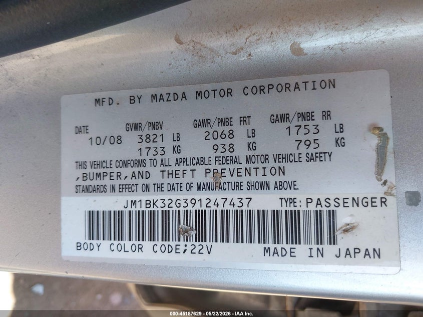 2009 Mazda 3 VIN JM1BK32G391247437 IAAI salvage auction — REAR END, Salvage (Texas), sold $150 on 2026-07-14 (photo 9)