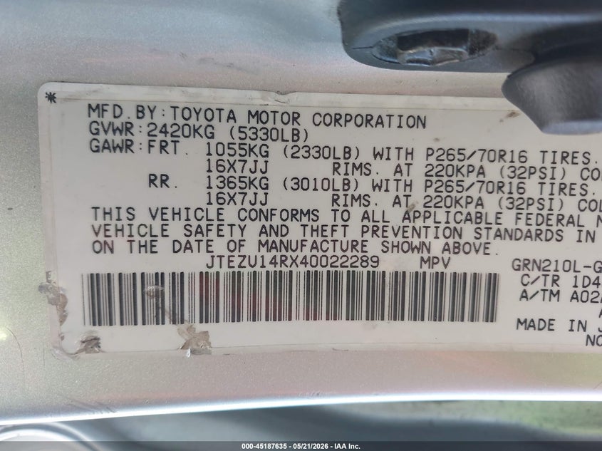 2004 Toyota 4runner VIN JTEZU14RX40022289 IAAI salvage auction — NORMAL WEAR, Salvage (Idaho), sold $1,900 on 2026-07-28 (photo 9)