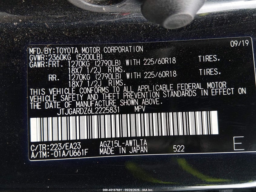 2020 Lexus Nx VIN JTJGARDZ6L2225831 IAAI salvage auction — RIGHT FRONT, Salvage Title, sold $8,250 on 2026-07-29 (photo 9)