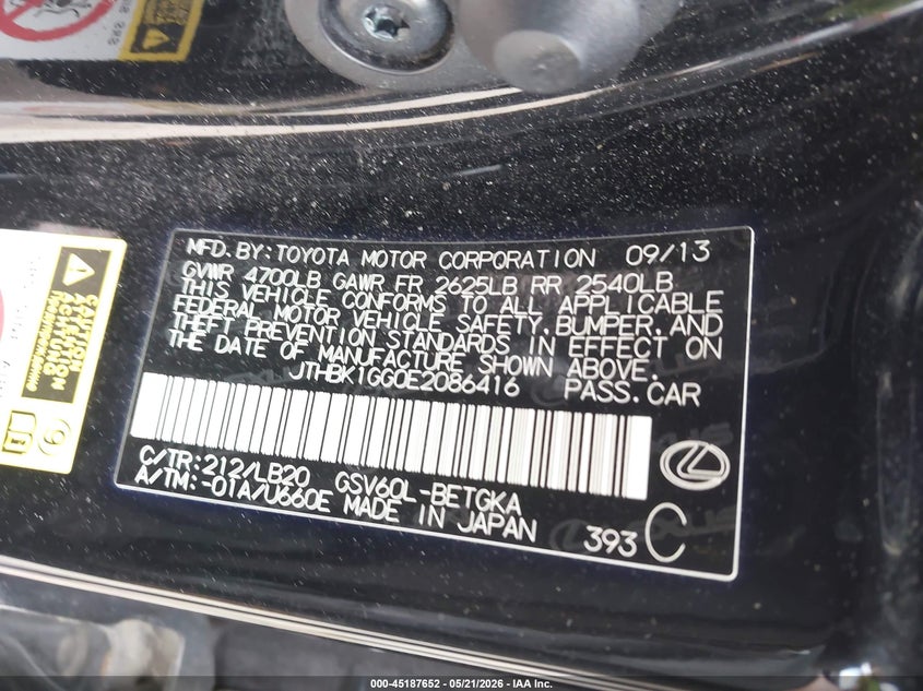 2014 Lexus ES VIN JTHBK1GG0E2086416 IAAI salvage auction — FRONT END, Clear (Indiana), sold $2,000 on 2026-07-08 (photo 9)