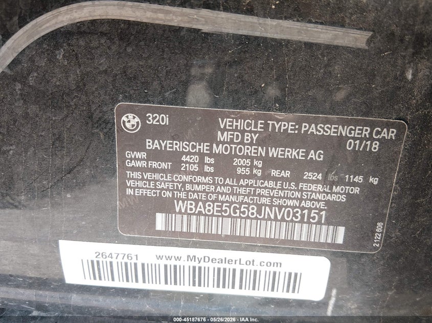 2018 BMW 3er VIN WBA8E5G58JNV03151 IAAI salvage auction — LEFT SIDE, Salvage (Texas), sold $2,050 on 2026-07-21 (photo 9)