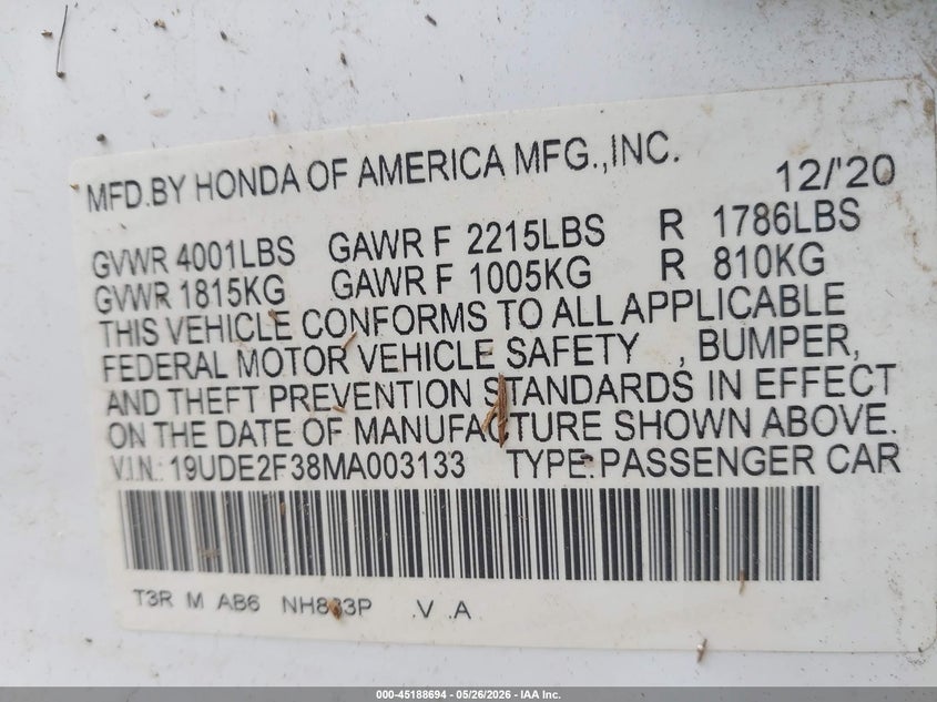 2021 Acura Ilx VIN 19UDE2F38MA003133 IAAI salvage auction — FRONT END, Original (Texas), sold $3,750 on 2026-09-03 (photo 9)