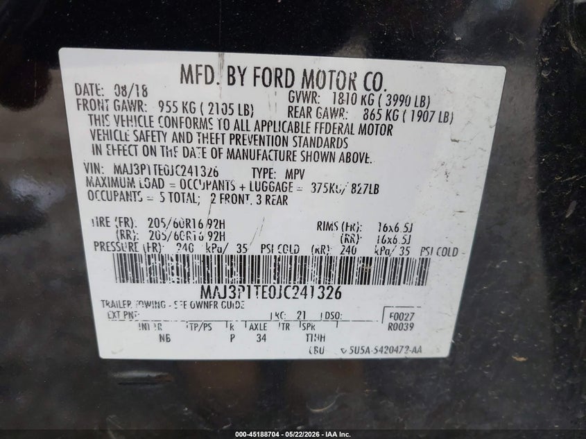 2018 Ford Ecosport VIN MAJ3P1TE0JC241326 IAAI salvage auction — HAIL, Clear (Missouri), sold $825 on 2026-07-13 (photo 9)