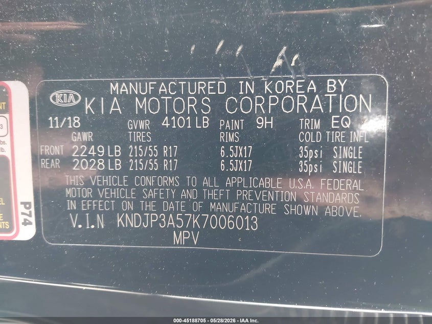 2019 Kia Soul VIN KNDJP3A57K7006013 IAAI salvage auction — REAR END, Salvage Title, sold $575 on 2026-07-22 (photo 9)