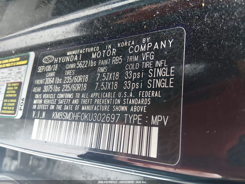 2019 Hyundai Santa fe VIN KM8SMDHF0KU302697 IAAI salvage auction — FRONT END, Salvage (Missouri), sold $1,300 on 2026-07-16 (photo 9)