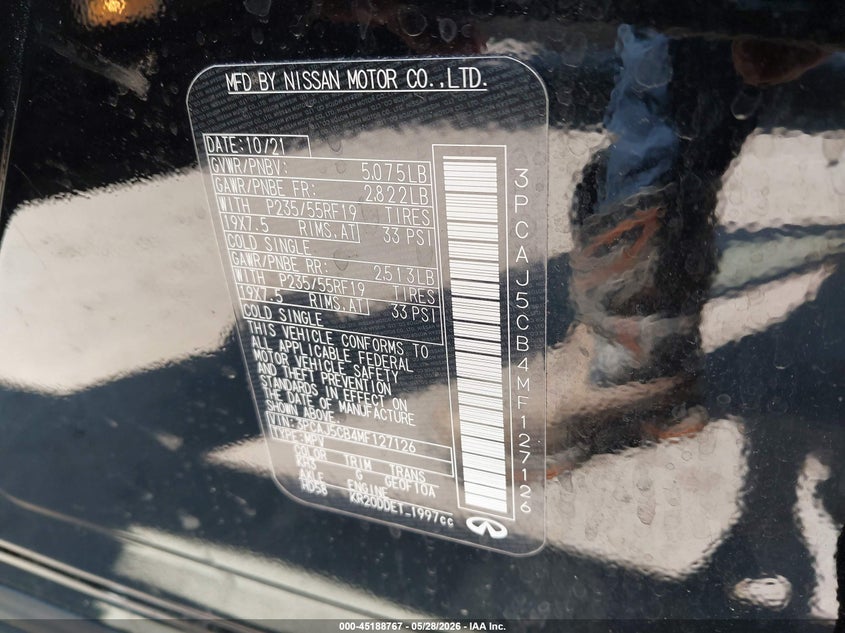 2021 Infiniti Qx50 VIN 3PCAJ5CB4MF127126 IAAI salvage auction — HAIL, Salvage Title, sold $11,550 on 2026-07-14 (photo 9)