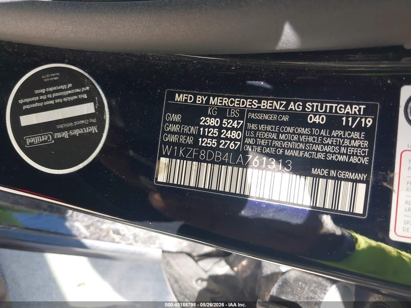 2020 Mercedes-benz E-klasse VIN W1KZF8DB4LA761313 IAAI salvage auction — FRONT END, Salvage (Texas), sold $12,000 on 2026-07-25 (photo 9)