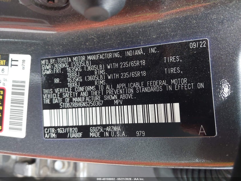 2022 Toyota Highlander VIN 5TDBZRBH6NS250367 IAAI salvage auction — FRONT & REAR, Salvage (New Jersey), sold $12,100 on 2026-07-29 (photo 9)