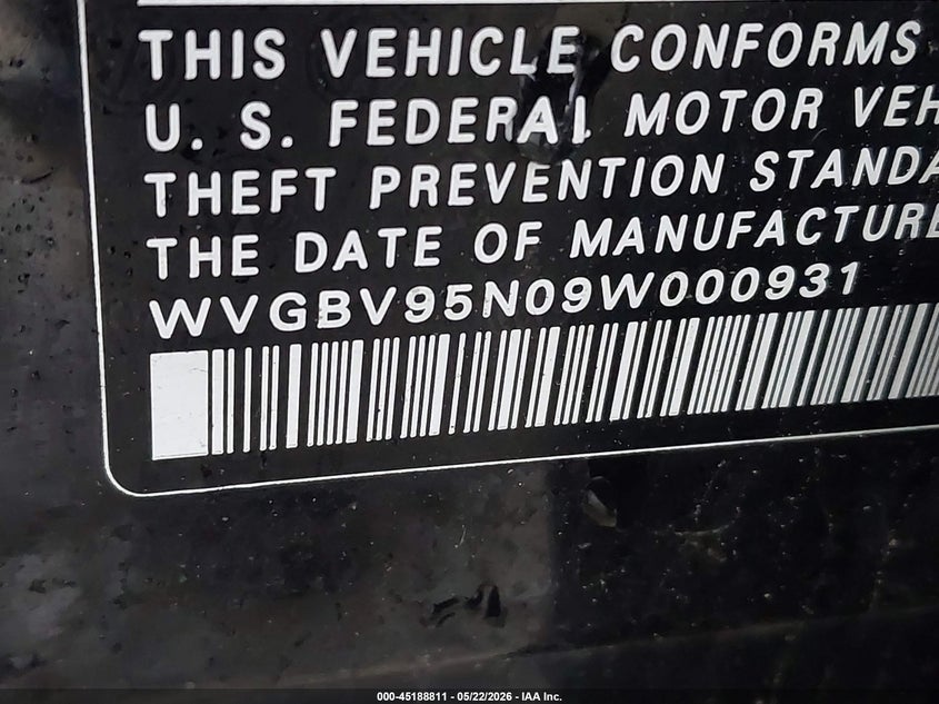 2009 Volkswagen Tiguan VIN WVGBV95N09W000931 IAAI salvage auction — NORMAL WEAR, Clear (Virginia), sold $350 on 2026-07-13 (photo 9)