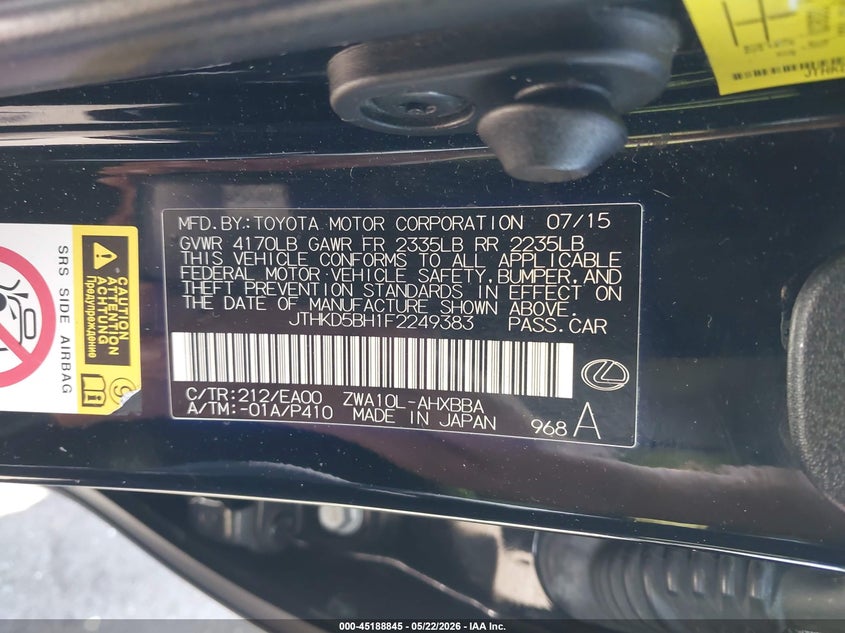 2015 Lexus VIN JTHKD5BH1F2249383 IAAI salvage auction — RIGHT FRONT, Salvage Title, sold $675 on 2026-07-10 (photo 9)
