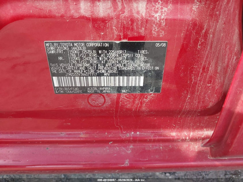 2008 Toyota Rav4 VIN JTMZD33V386077717 IAAI salvage auction — NORMAL WEAR, Regular Certificate (Iowa), sold $700 on 2026-07-13 (photo 9)