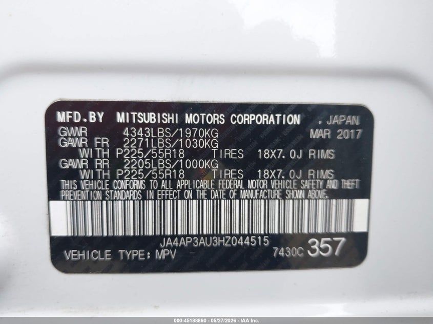 2017 Mitsubishi Outlander VIN JA4AP3AU3HZ044515 IAAI salvage auction — FRONT END, Salvage Title, sold $375 on 2026-07-29 (photo 9)