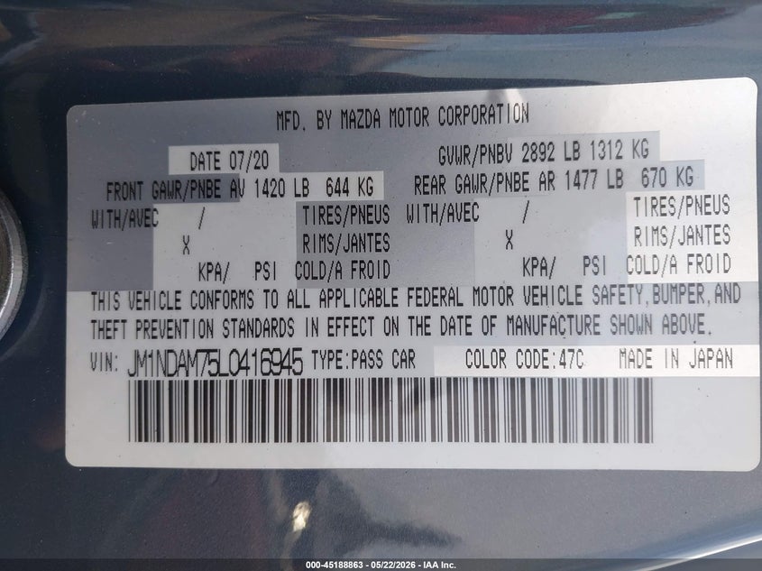 2020 Mazda Mx-5 VIN JM1NDAM75L0416945 IAAI salvage auction — FRONT END, Salvage Title, sold $4,050 on 2026-07-19 (photo 9)
