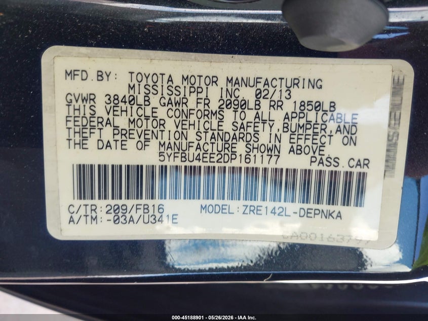 2013 Toyota Corolla VIN 5YFBU4EE2DP161177 IAAI salvage auction — FRONT END, Original (Texas), sold $1,250 on 2026-07-23 (photo 9)