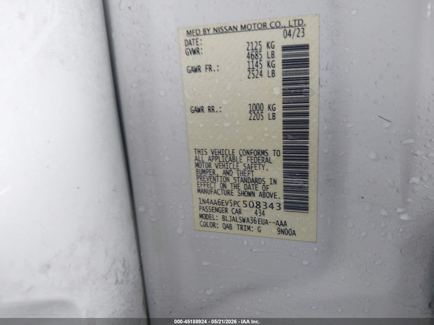 2023 Nissan Maxima VIN 1N4AA6EV5PC508343 IAAI salvage auction — FRONT END, Clear (Oklahoma), sold $7,400 on 2026-07-08 (photo 9)