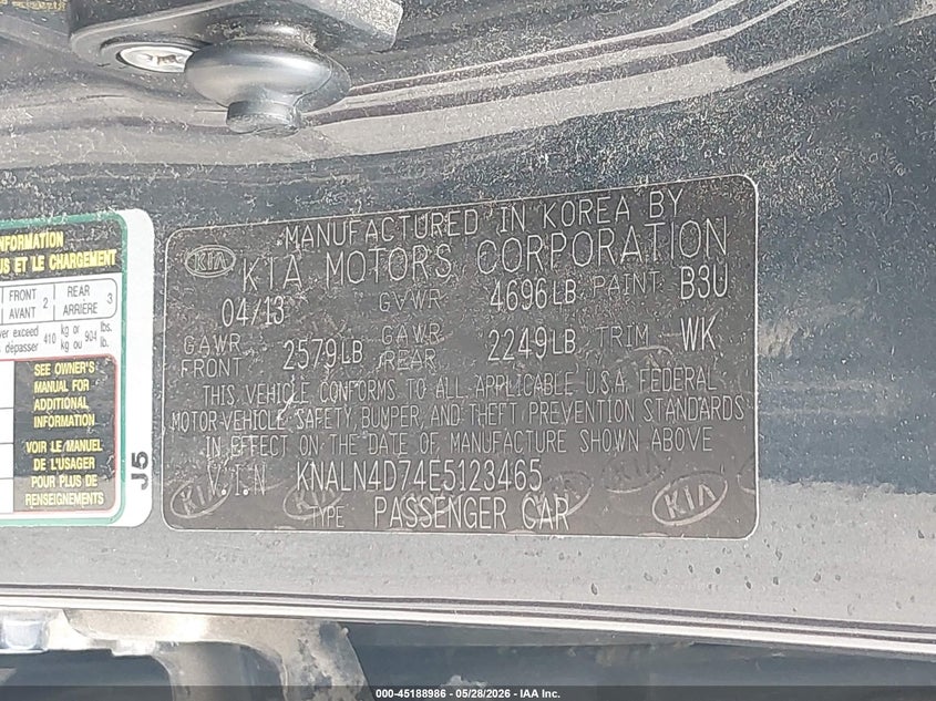 2014 Kia Cadenza VIN KNALN4D74E5123465 IAAI salvage auction — FRONT END, Clear (Indiana), sold $700 on 2026-07-09 (photo 9)