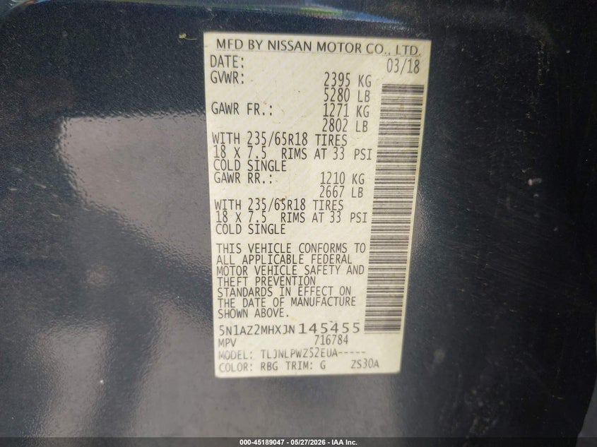 2018 Nissan Murano VIN 5N1AZ2MHXJN145455 IAAI salvage auction — HAIL, Salvage Title, sold $4,200 on 2026-07-27 (photo 9)