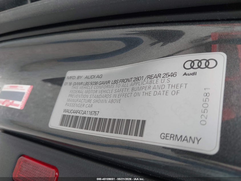 2018 Audi S4 VIN WAUC4AF47JA116757 IAAI salvage auction — FRONT END, Regular (South Dakota), sold $900 on 2026-07-28 (photo 9)