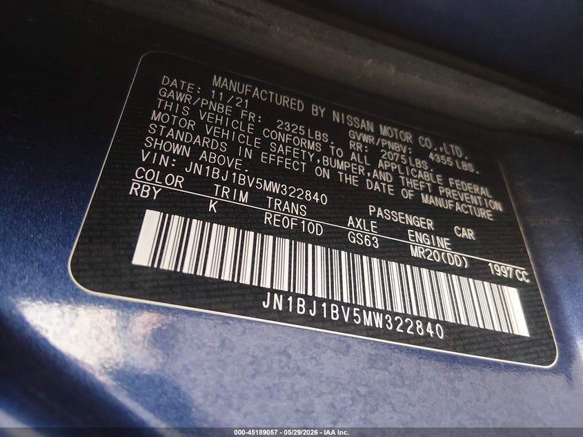 2021 Nissan Rogue VIN JN1BJ1BV5MW322840 IAAI salvage auction — HAIL, Original (Texas), sold $8,325 on 2026-07-24 (photo 9)