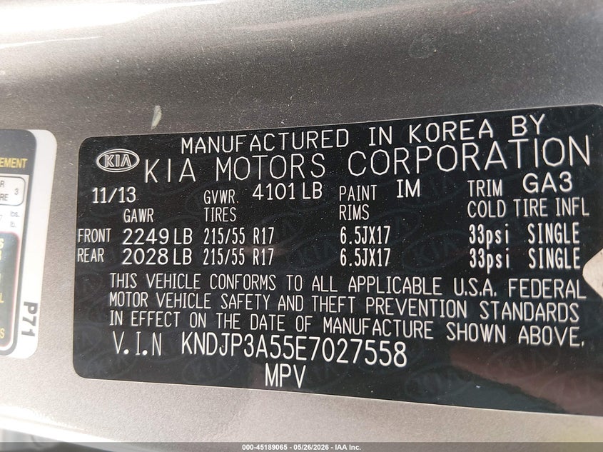 2014 Kia Soul VIN KNDJP3A55E7027558 IAAI salvage auction — NORMAL WEAR, Regular Certificate (Iowa), sold $675 on 2026-07-13 (photo 9)