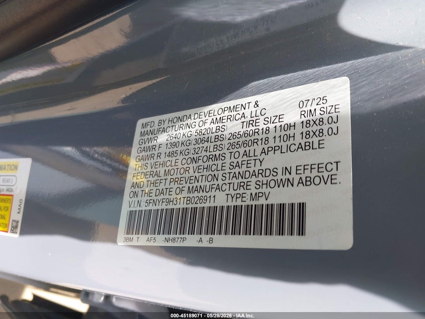 2026 Honda Passport VIN 5FNYF9H31TB026911 IAAI salvage auction — ALL OVER, Salvage (Massachusetts), sold $13,100 on 2026-07-28 (photo 9)