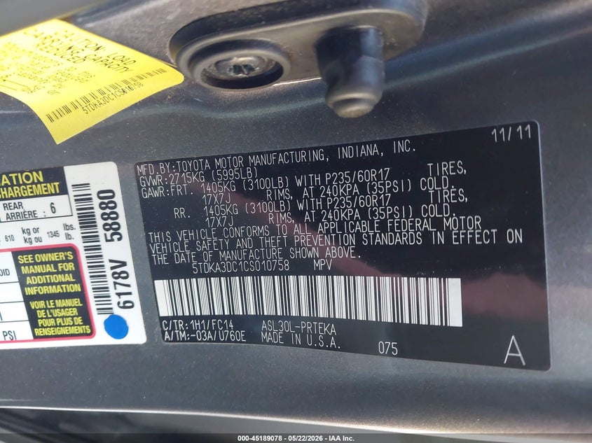 2012 Toyota Sienna VIN 5TDKA3DC1CS010758 IAAI salvage auction — FRONT END, Salvage (Oregon), sold $2,100 on 2026-07-09 (photo 9)