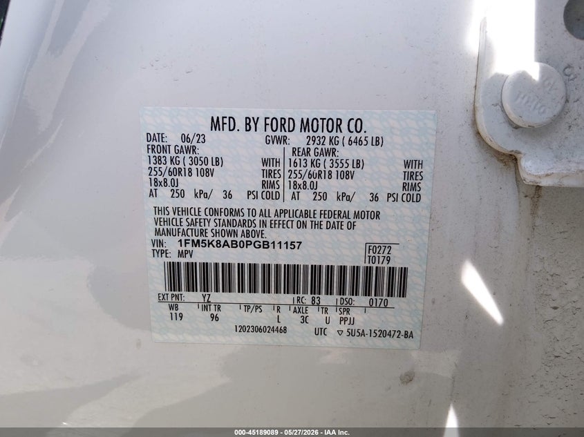 2023 Ford VIN 1FM5K8AB0PGB11157 IAAI salvage auction — RIGHT FRONT, Salvage Title, sold $475 on 2026-07-17 (photo 9)