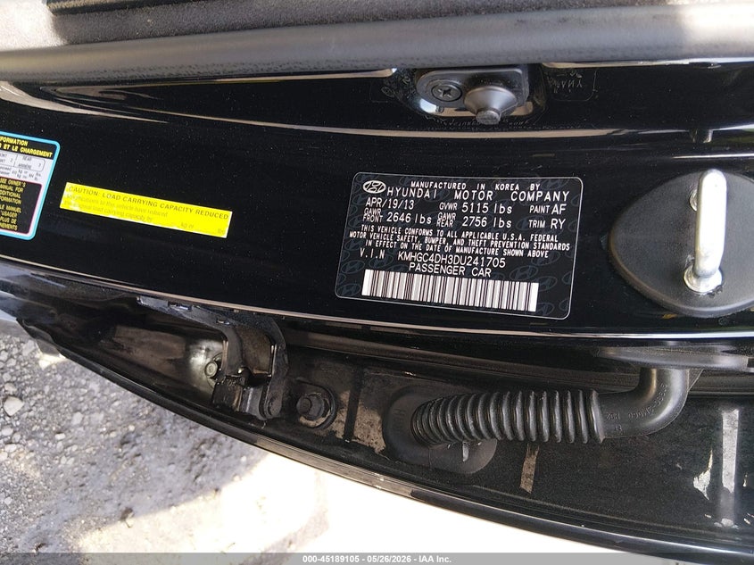 2013 Hyundai Genesis VIN KMHGC4DH3DU241705 IAAI salvage auction — RIGHT REAR, Salvage Title, sold $900 on 2026-07-27 (photo 9)