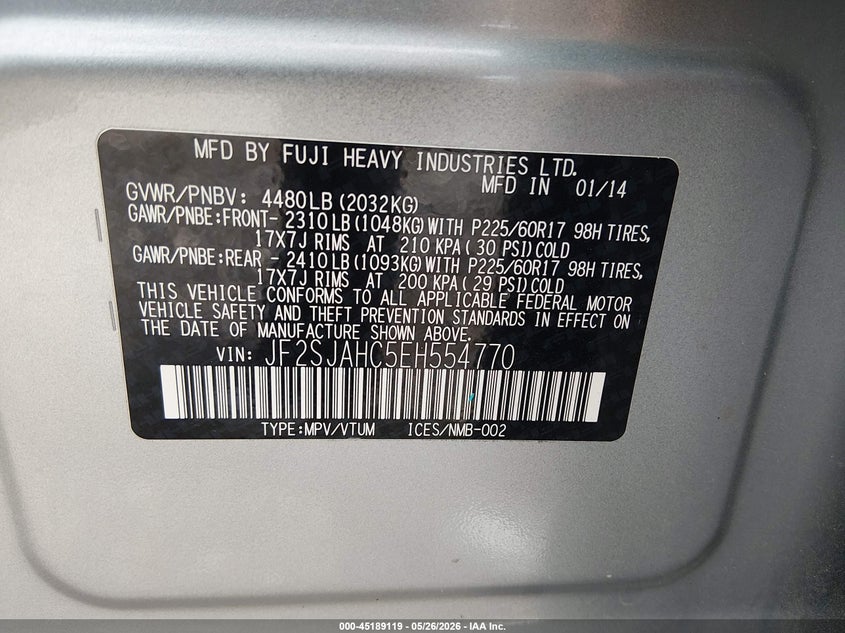 2014 Subaru Forester VIN JF2SJAHC5EH554770 IAAI salvage auction — HAIL, Clear (Missouri), sold $1,250 on 2026-07-13 (photo 9)