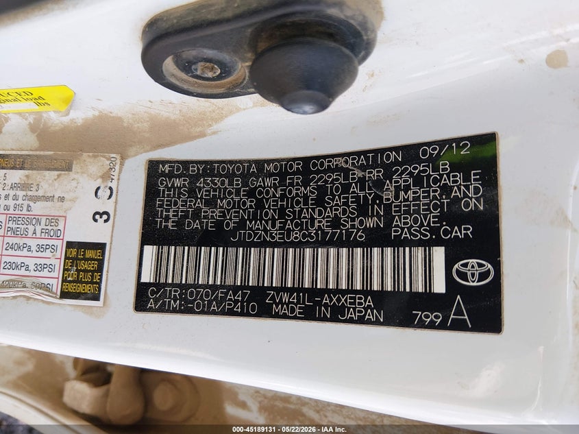 2012 Toyota Prius v VIN JTDZN3EU8C3177176 IAAI salvage auction — FRONT END, Salvage Title, sold $2,850 on 2026-08-01 (photo 9)