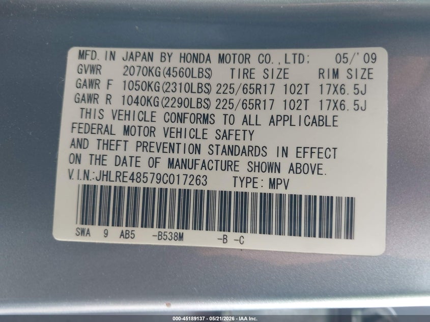 2009 Honda Cr-v VIN JHLRE48579C017263 IAAI salvage auction — NORMAL WEAR, Original (Ohio), sold $425 on 2026-07-15 (photo 9)