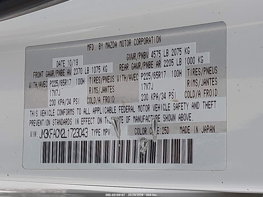 2020 Mazda Cx-5 VIN JM3KFACM2L1723043 IAAI salvage auction — FRONT END, Clear (Indiana), sold $4,375 on 2026-07-09 (photo 9)