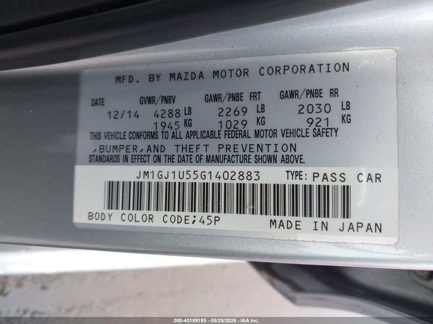 2016 Mazda 6 VIN JM1GJ1U55G1402883 IAAI salvage auction — FRONT END, Salvage Title, sold $1,800 on 2026-07-13 (photo 9)
