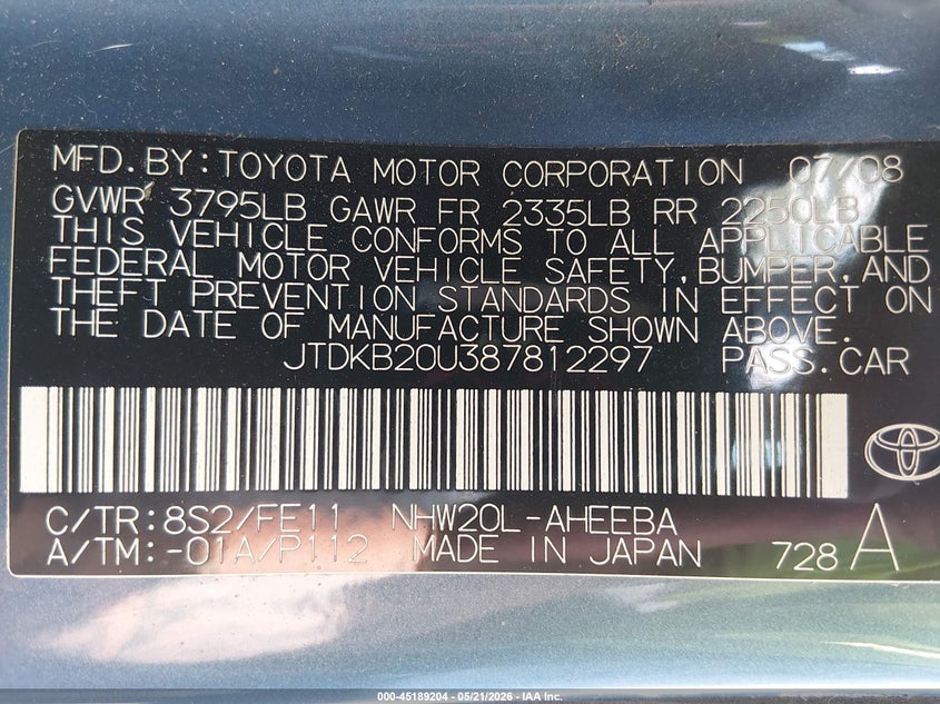 2008 Toyota Prius VIN JTDKB20U387812297 IAAI salvage auction — LEFT FRONT, Salvage (North Carolina), sold $600 on 2026-07-22 (photo 9)