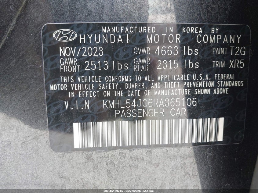 2024 Hyundai Sonata VIN KMHL54JC6RA365106 IAAI salvage auction — HAIL, Salvage Title, sold $15,300 on 2026-07-06 (photo 9)