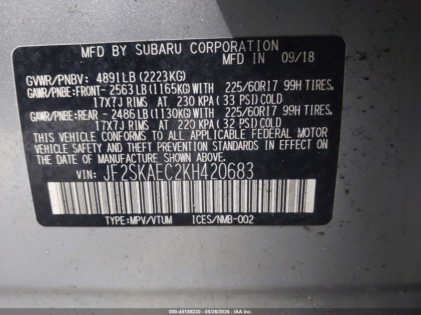 2019 Subaru Forester VIN JF2SKAEC2KH420683 IAAI salvage auction — RIGHT FRONT, Salvage (Idaho), sold $1,200 on 2026-07-29 (photo 9)