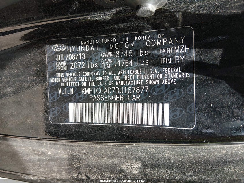 2013 Hyundai Veloster VIN KMHTC6AD7DU167877 IAAI salvage auction — NORMAL WEAR, Clear (Louisiana), sold $725 on 2026-07-13 (photo 9)
