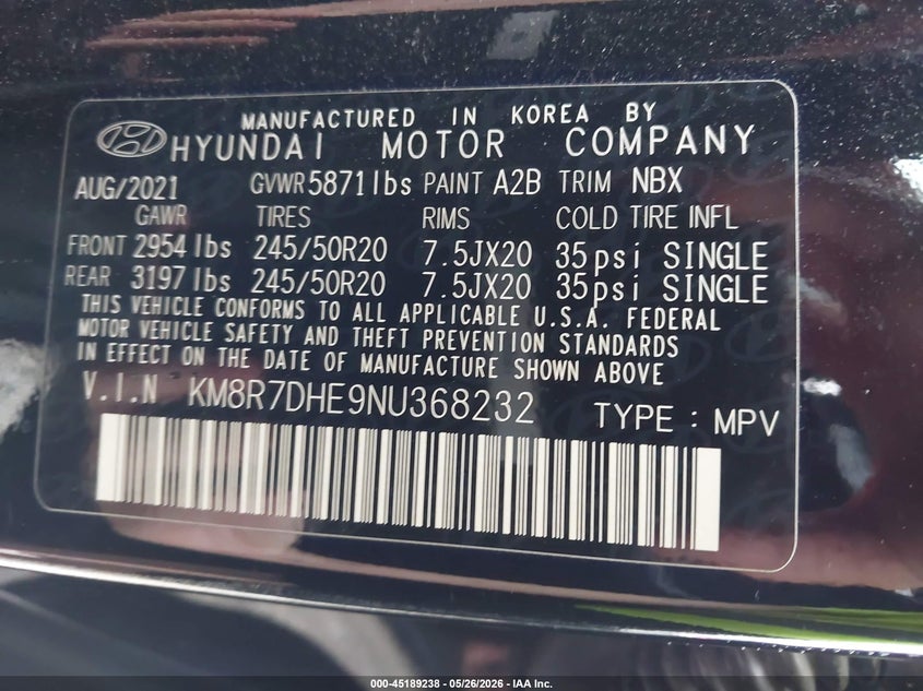 2022 Hyundai Palisade VIN KM8R7DHE9NU368232 IAAI salvage auction — HAIL, Clear (Missouri), sold $17,950 on 2026-07-13 (photo 9)