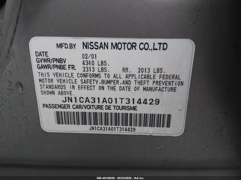 2001 Nissan Maxima VIN JN1CA31A01T314429 IAAI salvage auction — REAR END, Salvage (Missouri), sold $375 on 2026-07-16 (photo 9)