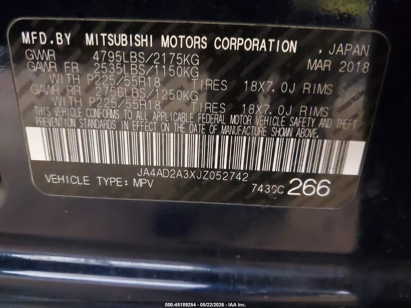 2018 Mitsubishi Outlander VIN JA4AD2A3XJZ052742 IAAI salvage auction — FRONT END, Prior Salvage (Minnesota), sold $1,150 on 2026-07-15 (photo 9)