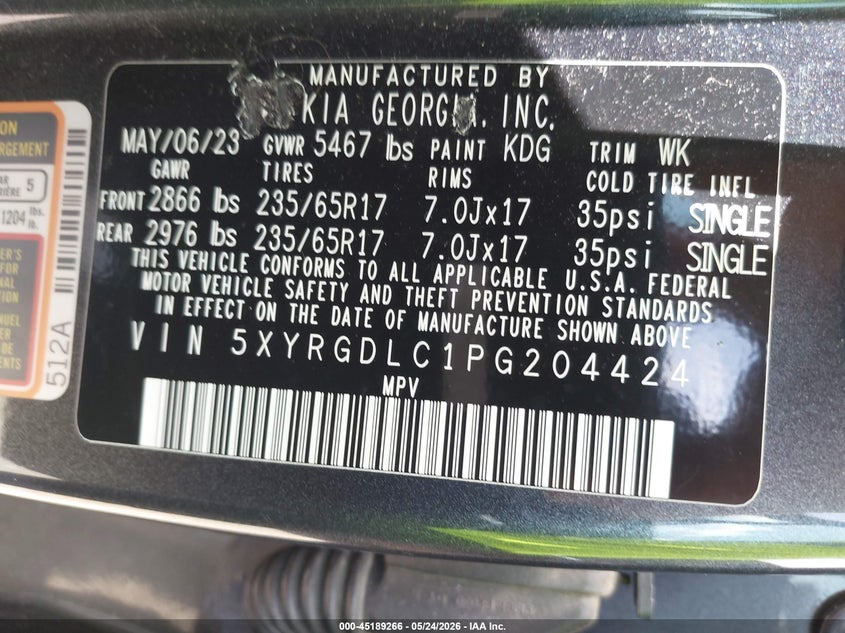 2023 Kia Sorento VIN 5XYRGDLC1PG204424 IAAI salvage auction — HAIL, Clear (Missouri), sold $8,600 on 2026-07-27 (photo 9)
