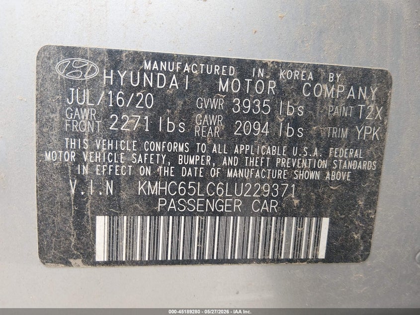 2020 Hyundai Ioniq VIN KMHC65LC6LU229371 IAAI salvage auction — THEFT, Salvage Title, sold $4,250 on 2026-07-24 (photo 9)