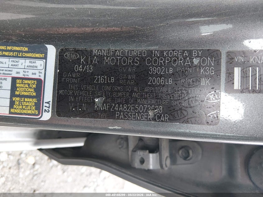 2014 Kia Forte VIN KNAFZ4A82E5073633 IAAI salvage auction — RIGHT REAR, Clear (Arkansas), sold $1,150 on 2026-07-22 (photo 9)