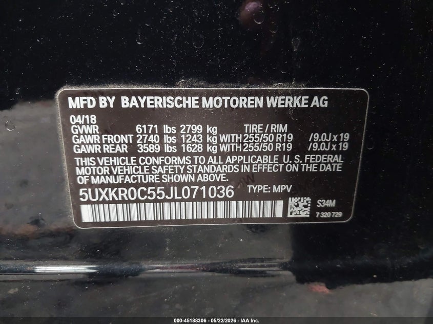 2018 BMW X5 VIN 5UXKR0C55JL071036 IAAI salvage auction — FRONT & REAR, Salvage (North Carolina), sold $8,425 on 2026-07-16 (photo 9)
