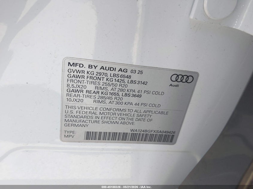 2025 Audi Q6 VIN WA124BGFXSA049426 IAAI salvage auction — REAR END, Salvage (California), sold $8,000 on 2026-07-22 (photo 9)