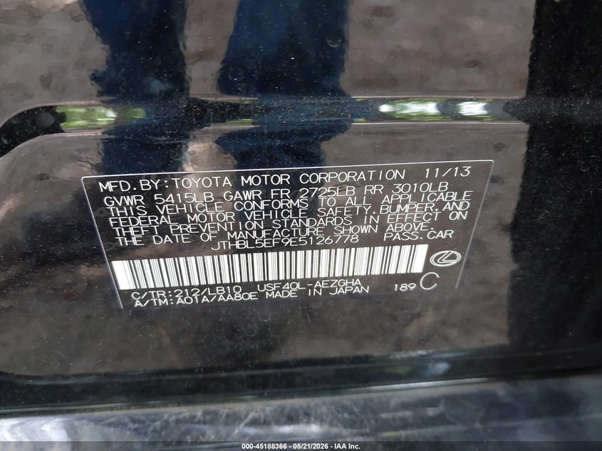 2014 Lexus Ls VIN JTHBL5EF9E5126778 IAAI salvage auction — FRONT END, Salvage (Virginia), sold $1,050 on 2026-07-14 (photo 9)