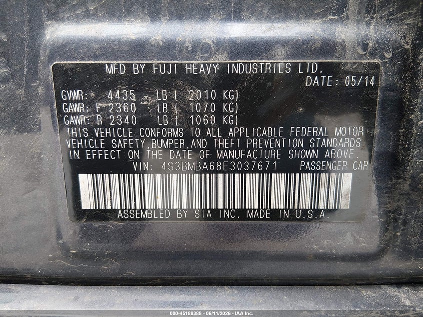 2014 Subaru LEGACY VIN 4S3BMBA68E3037671 IAAI salvage auction — SUSPENSION, Salvage (Maine), sold $350 on 2026-07-09 (photo 9)
